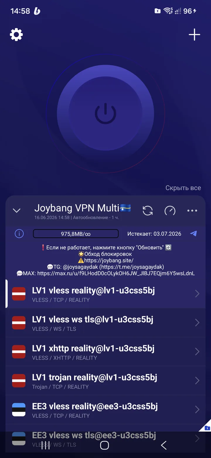 Happ for Android — The Happ app with the imported subscription.