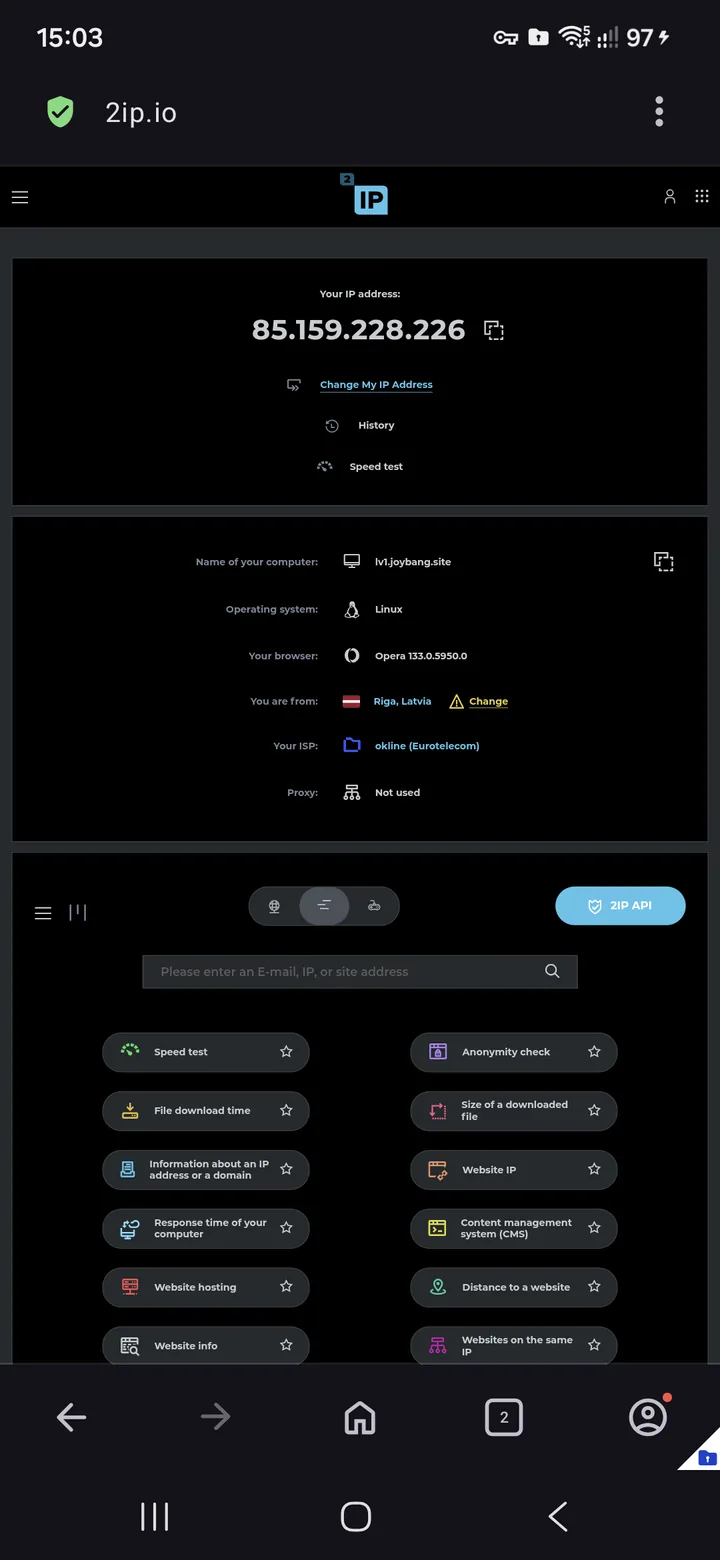 Happ for Android — Let's open 2ip.io and the Speedtest app to measure the speed.