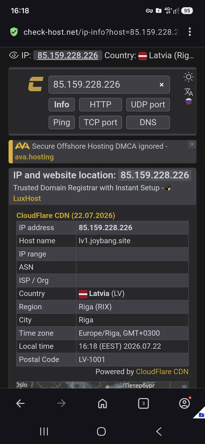 INCY for Android — To check the connection, let's open https://check-host.net/