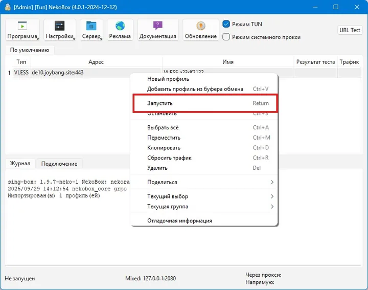 NekoBox for Windows — Right-click the profile you want (you may end up with several) and choose Start («Запустить») from the…