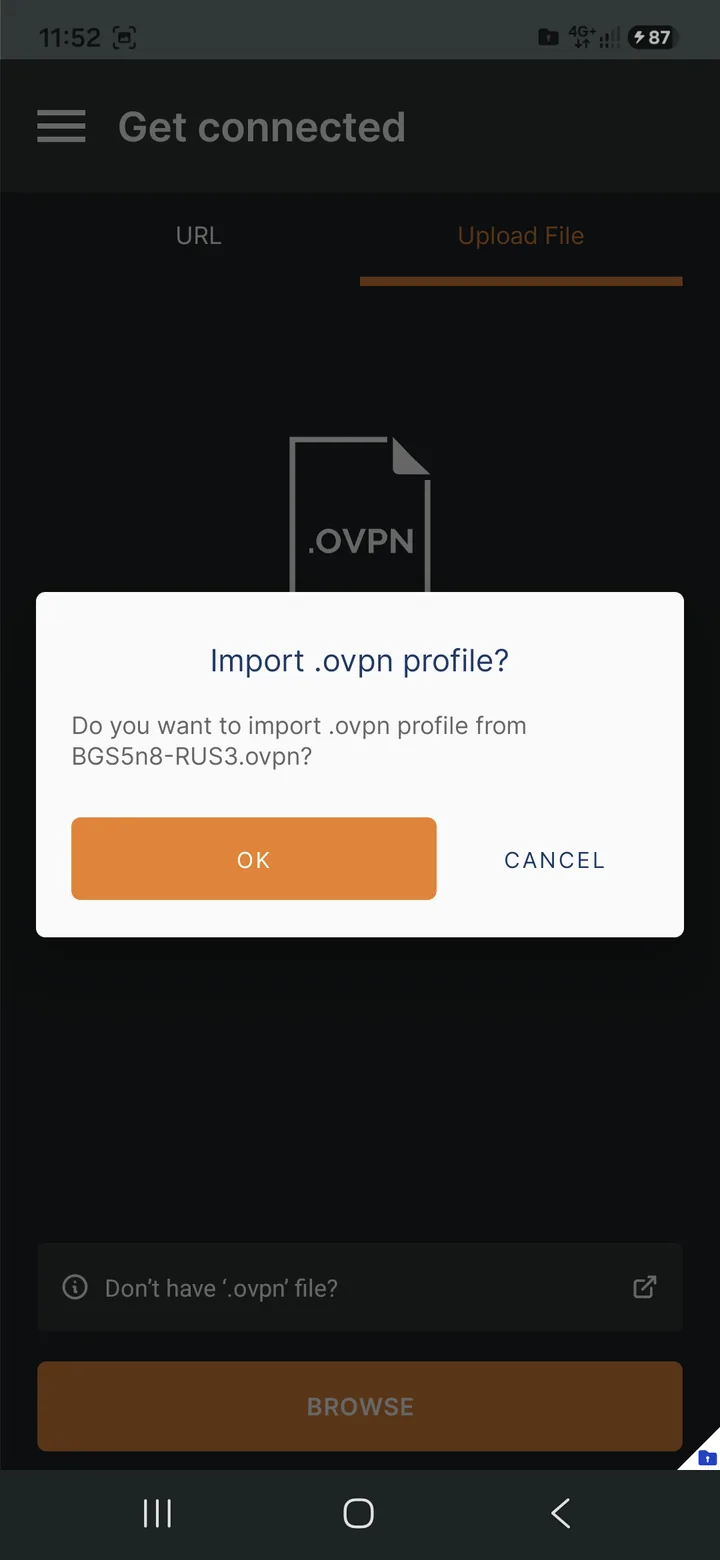OpenVPN Connect for Android — As an example, I'll use the Russia, Moscow location. Select the .ovpn file (BGS5n8-RUS3).