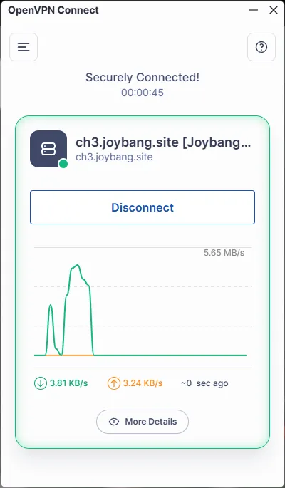 OpenVPN Connect for PC — 6. Once connected, you will see the traffic passing through the tunnel, as well as the IP address you appear…