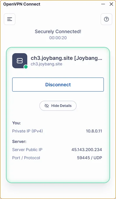 OpenVPN Connect for PC — 6. Once connected, you will see the traffic passing through the tunnel, as well as the IP address you appear…