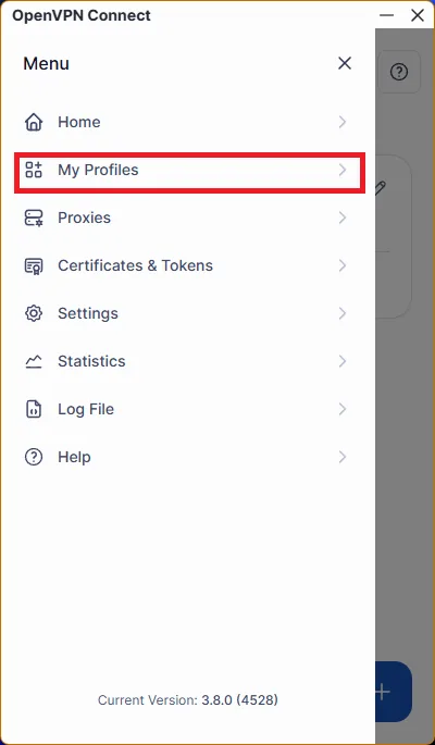 OpenVPN Connect for PC — 7. If you need to work with several configurations, you can add them one by one from the "My Profiles" menu,…