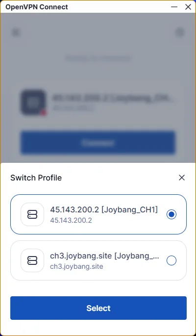 OpenVPN Connect for PC — 8. You can switch between profiles using the "Switch Profile" menu.