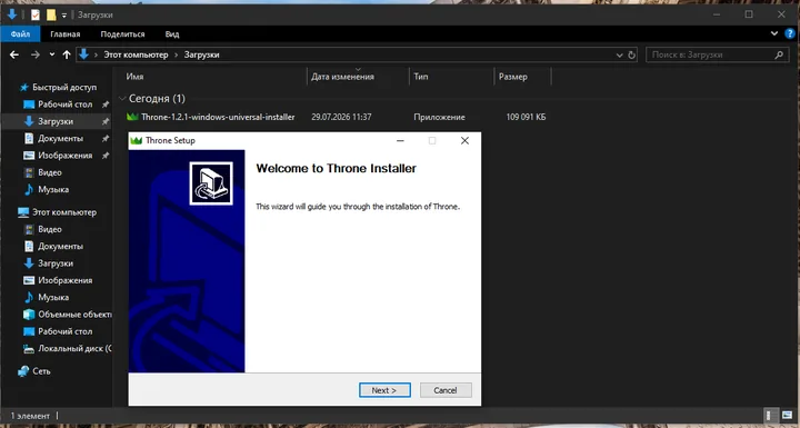 Throne for Windows — I'll use the Throne-1.2.1-windows-universal-installer.exe file as an example. Download and install the client.