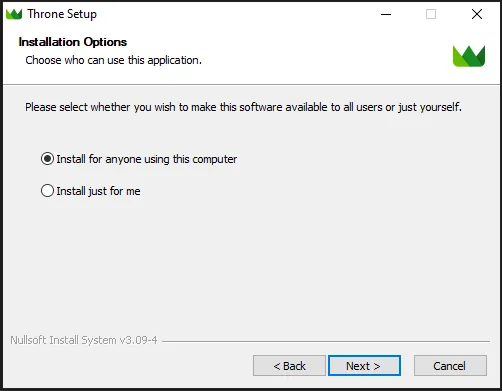 Throne for Windows — I'll use the Throne-1.2.1-windows-universal-installer.exe file as an example. Download and install the client.