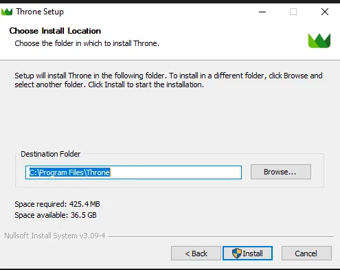 Throne for Windows — I'll use the Throne-1.2.1-windows-universal-installer.exe file as an example. Download and install the client.