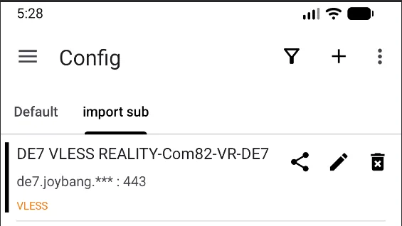 v2rayNG for Android — The server is shown in the subscription.