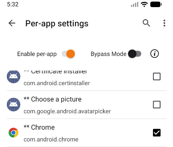 v2rayNG for Android — You can choose which apps send their traffic through the VPN. As an example, I'll select the Chrome browser.