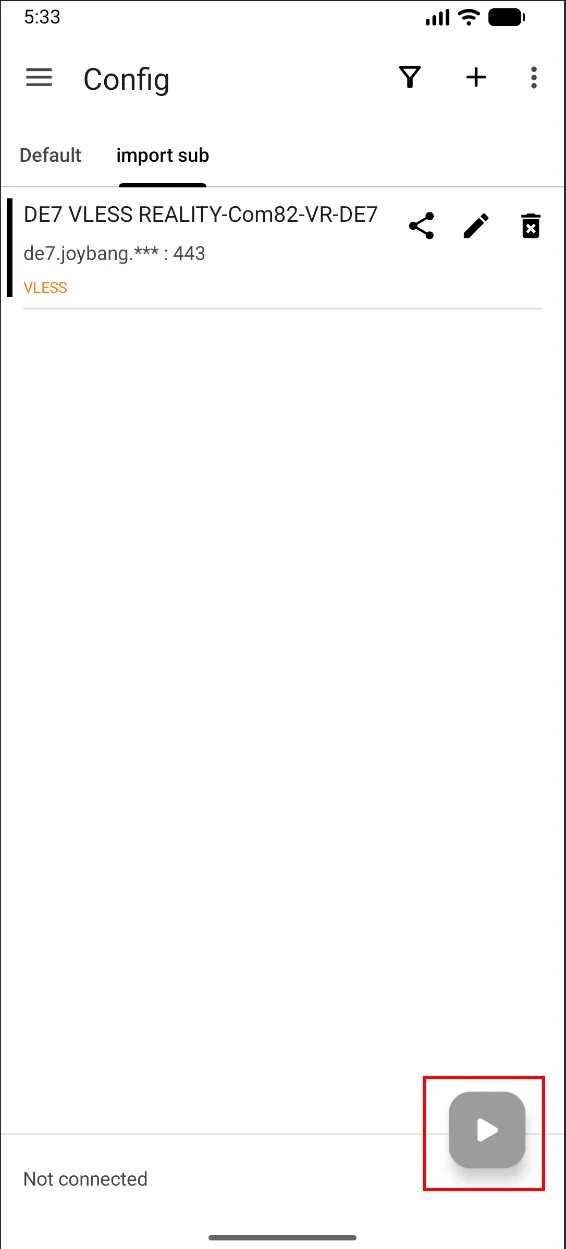 v2rayNG for Android — Go back, tap the triangle (bottom right) and allow the app to set up the VPN connection.