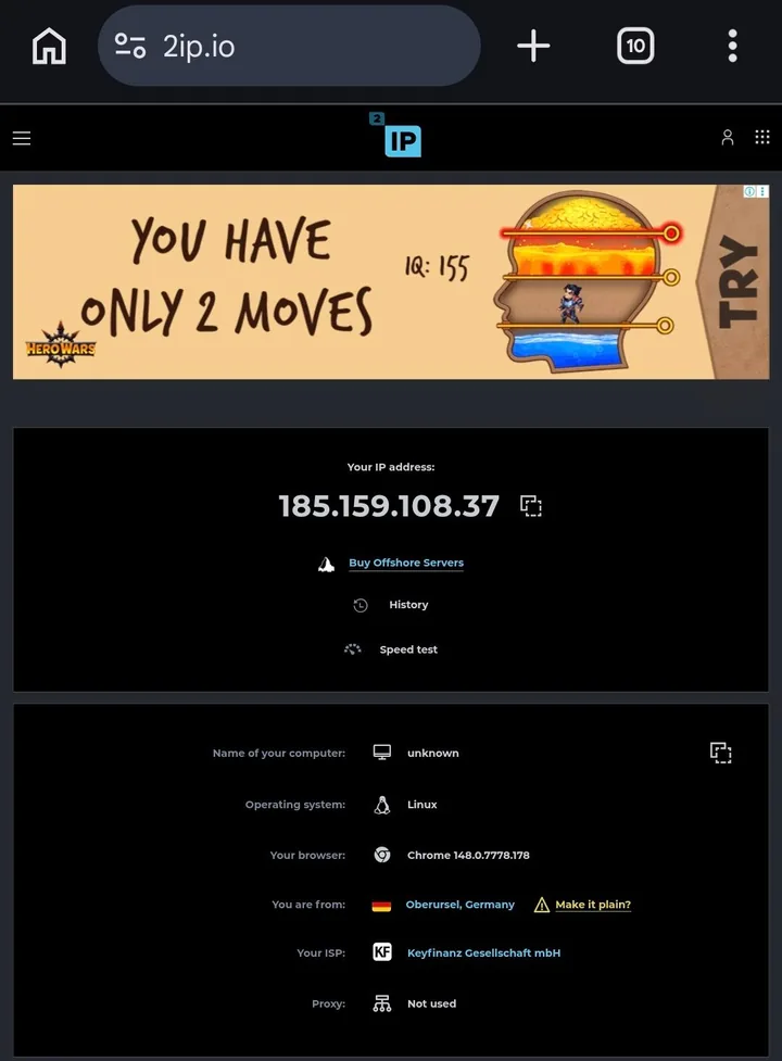 v2rayNG for Android — Open Chrome and go to 2ip.io.